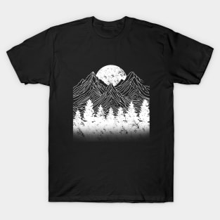 Mountain Moon Line Art Nature Camping Adventure T-Shirt